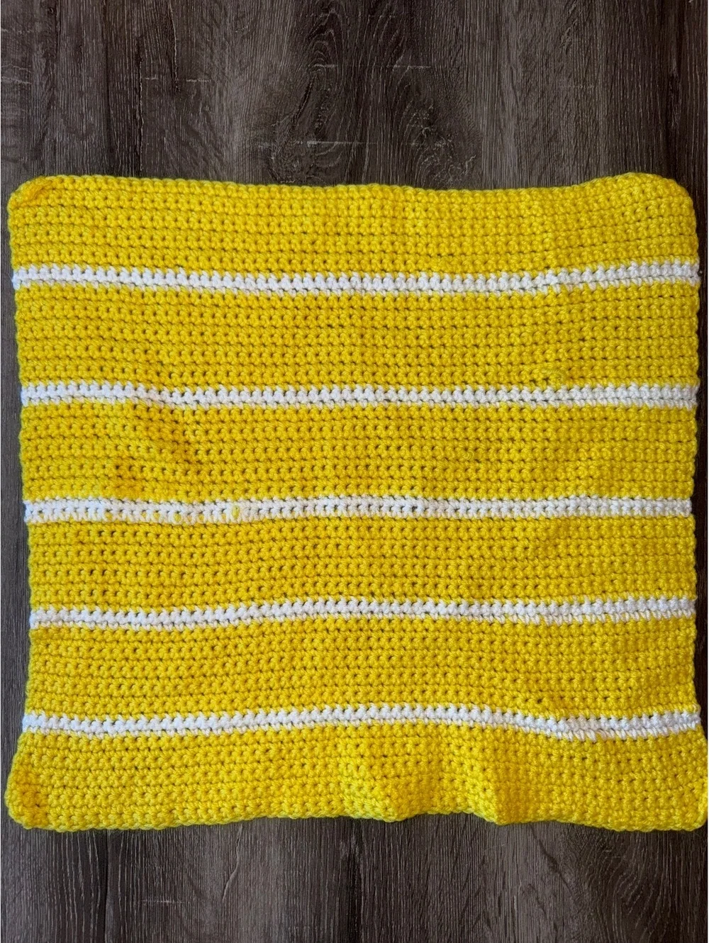 Handmade Crochet Baby Blanket Yellow White Striped Nursery Afghan 21” x 20”